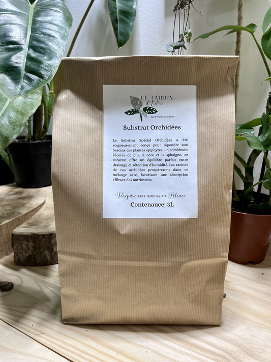 Sachet de substrat adapté pour les Orchidées. conditionné avec un sac kraft écologique